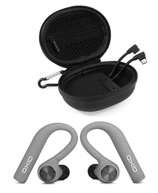 OXID AudioBuds True Wireless Bluetooth Headphones with Charging & Protective Case for Over 15 Hours Playtime - Unique Over-Ear Design Stays in Place While Running - Not Compatible with Android (Grey)