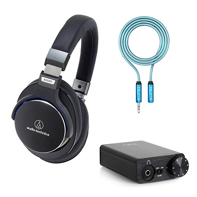 Audio-Technica ATH-MSR7BK SonicPro Over-Ear Hi-Res Headphones, Black? -Includes- FiiO E10K USB DAC Headphone Amplifier and Blucoil 6-Ft Earphone Extension Cable